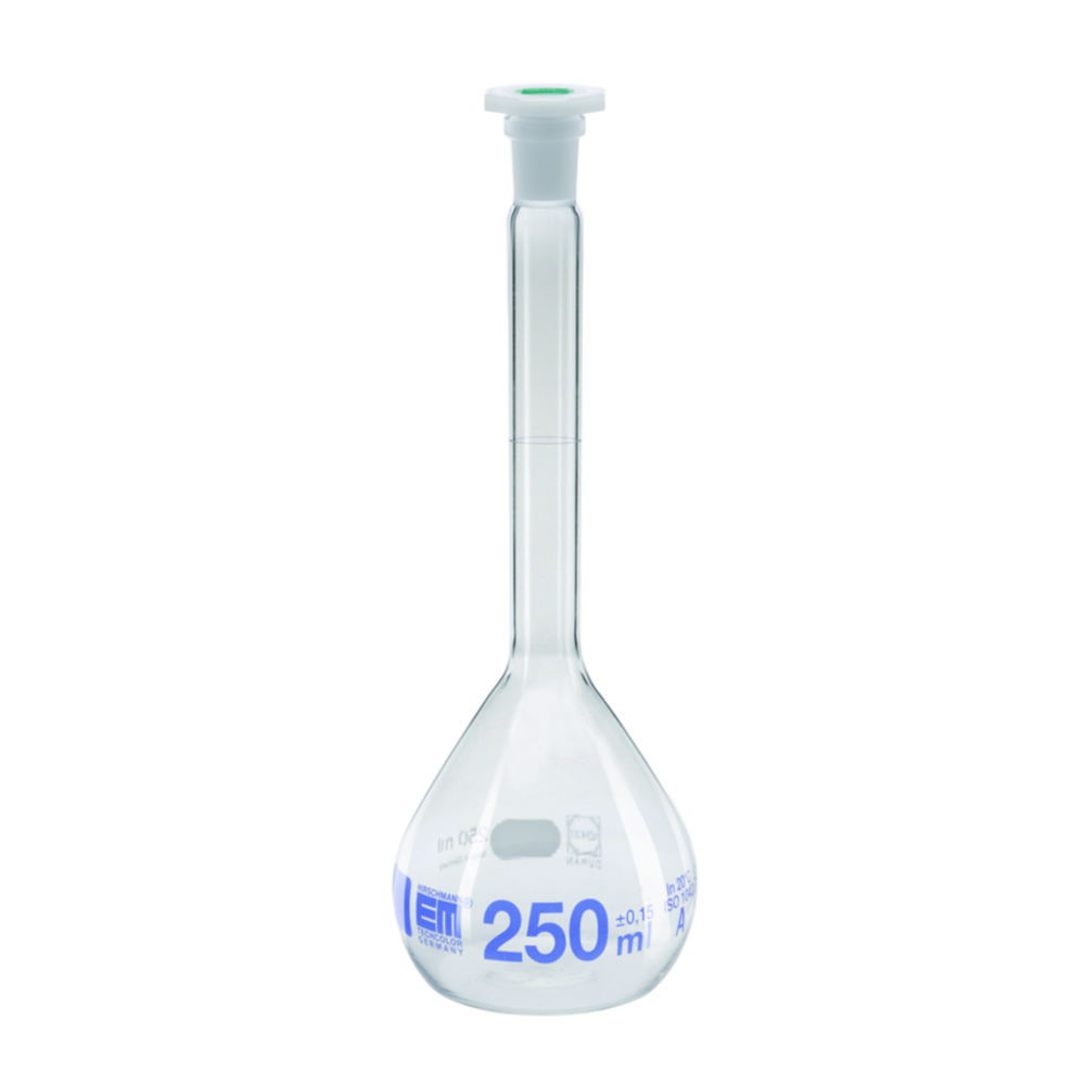 Volumetric flasks, DURAN®, class A, blue graduation, with PE stoppers Volumetric flasks, DURAN®, class A, blue graduation, with PE stoppers