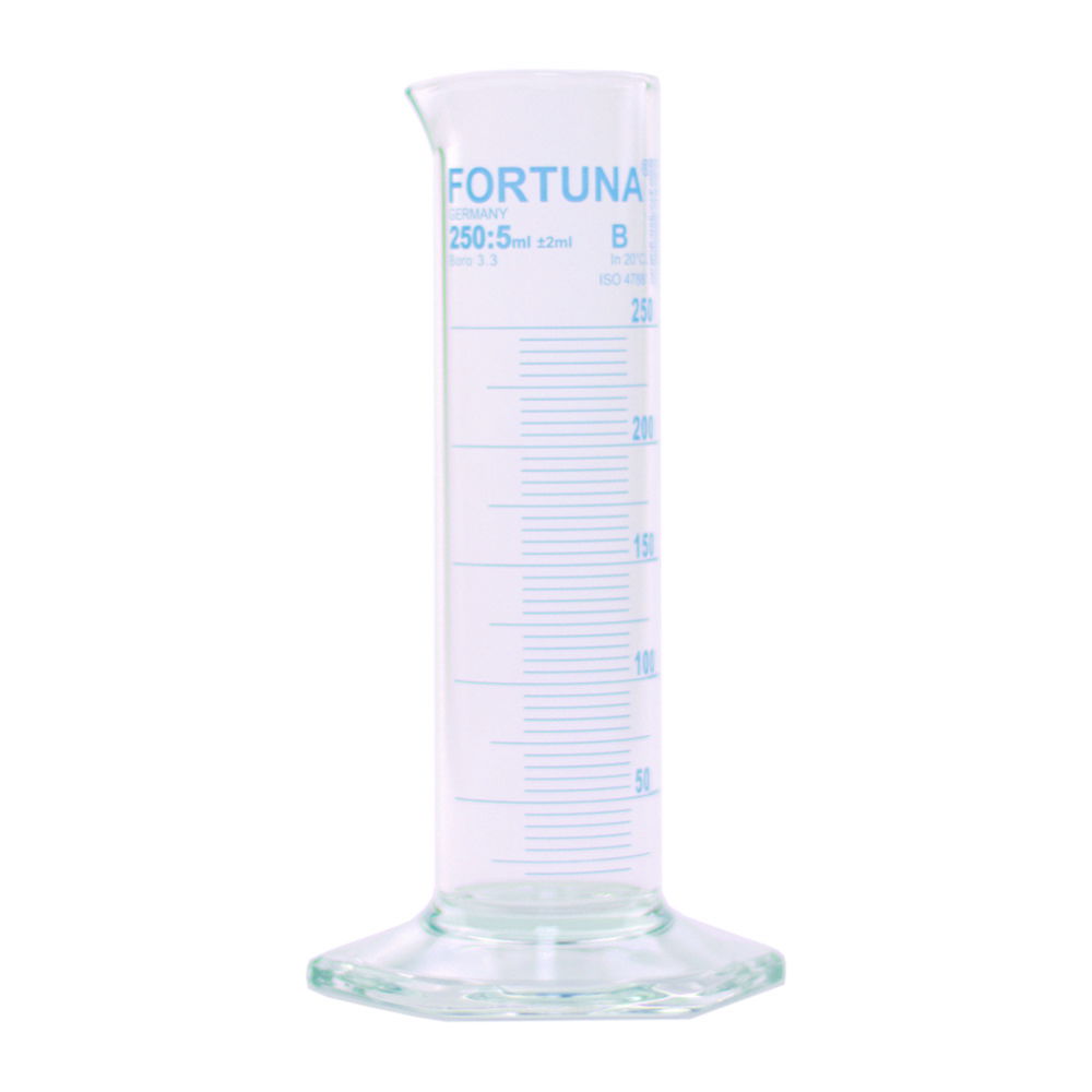 Measuring cylinders FORTUNA®, borosilicate glass 3.3, low form, class B, blue graduated Measuring cylinders FORTUNA®, borosilicate glass 3.3, low form, class B, blue graduated