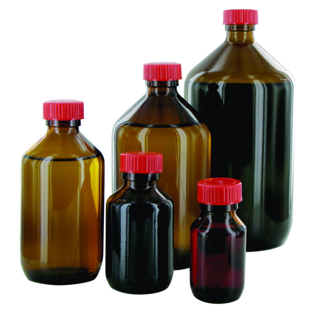 Narrow-mouth bottles, glass, amber, PTFE-lined screw caps Narrow-mouth bottles, glass, amber, PTFE-lined screw caps