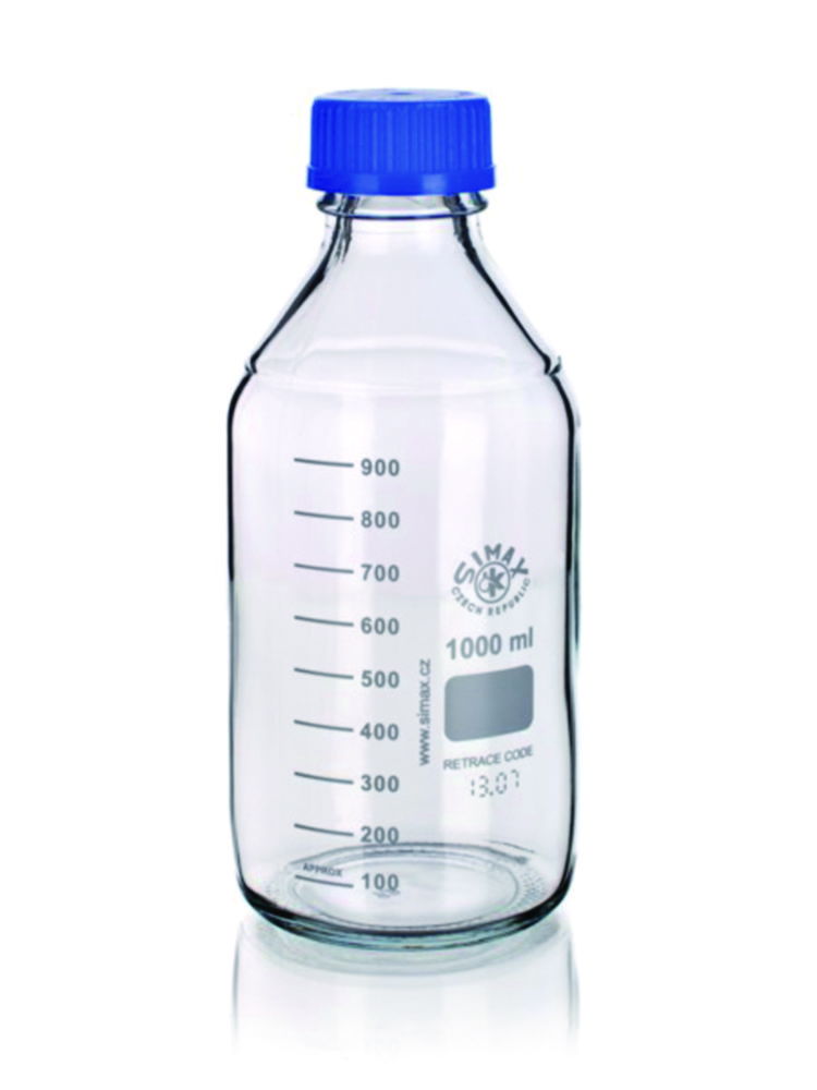 Laboratory bottles, borosilicate glass 3.3, GL45, with blue screw cap Laboratory bottles, borosilicate glass 3.3, GL45, with blue screw cap