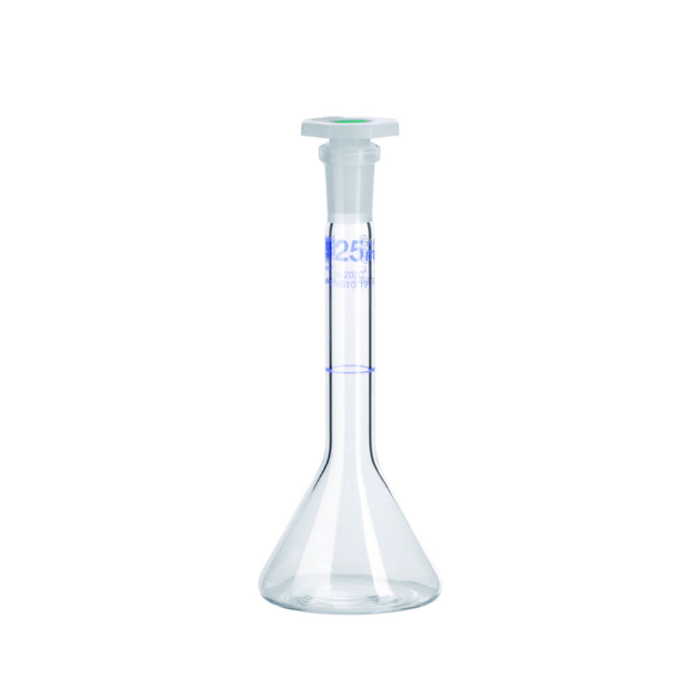 Volumetric trapezoidal flasks, DURAN®, class A, blue graduation, with PE stopper