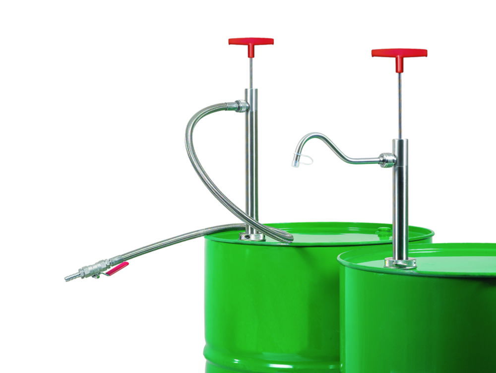 Barrel pumps, stainless steel, flexible tubing with stopcock Barrel pumps, stainless steel, flexible tubing with stopcock