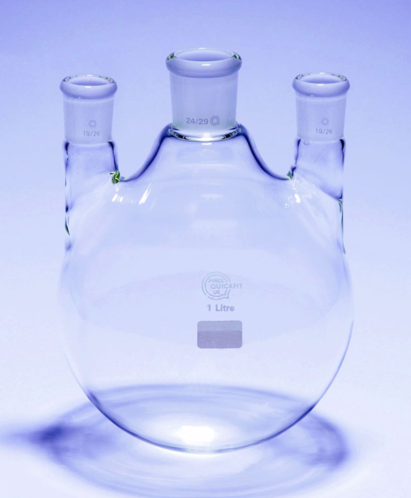 Round bottom flasks with three necks, NS joints, parallel arms, Pyrex®