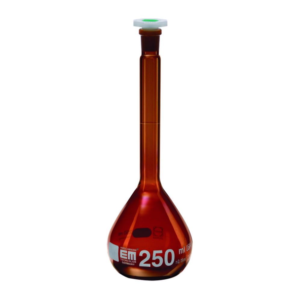 Volumetric flasks, DURAN® amber glass, class A, USP, with PE stopper Volumetric flasks, DURAN® amber glass, class A, USP, with PE stopper