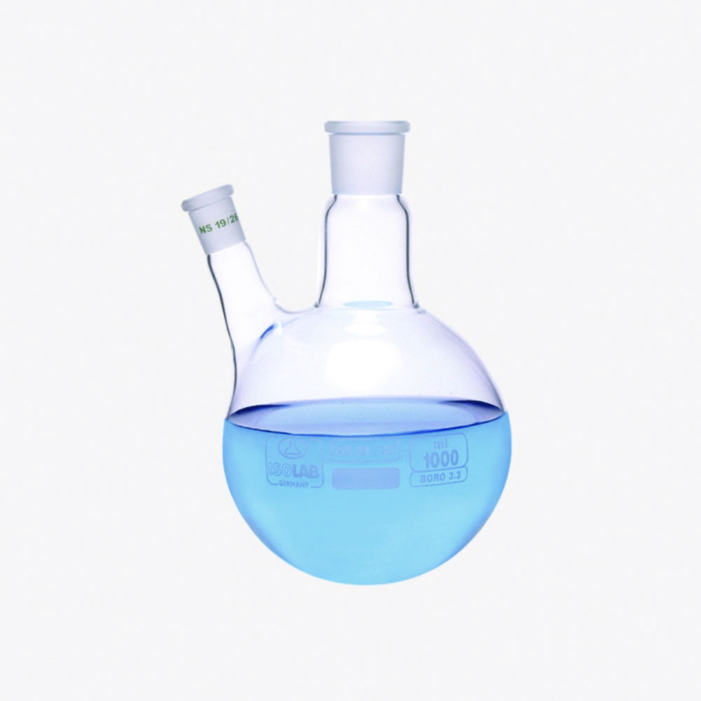 Round bottom flasks with two necks, angled arm, borosilicate glass 3.3