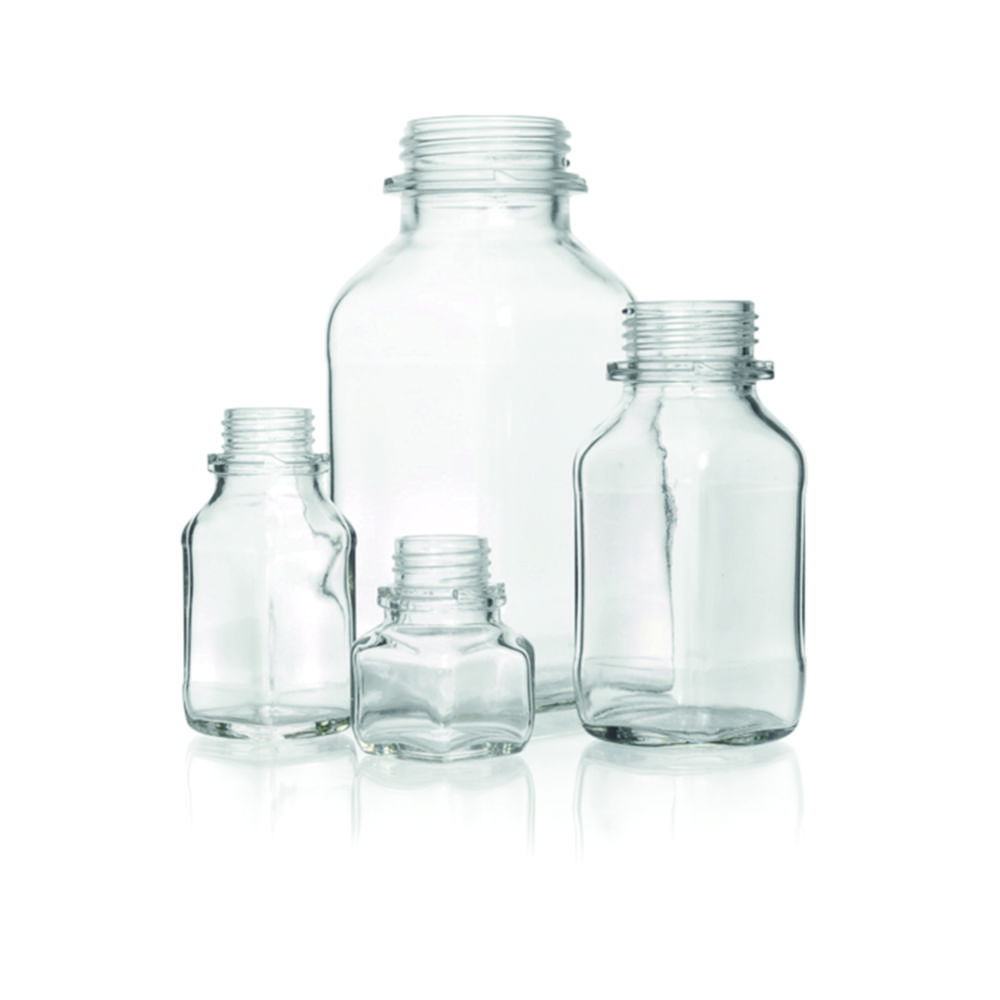Square, screw cap bottles, soda-lime glass Square, screw cap bottles, soda-lime glass