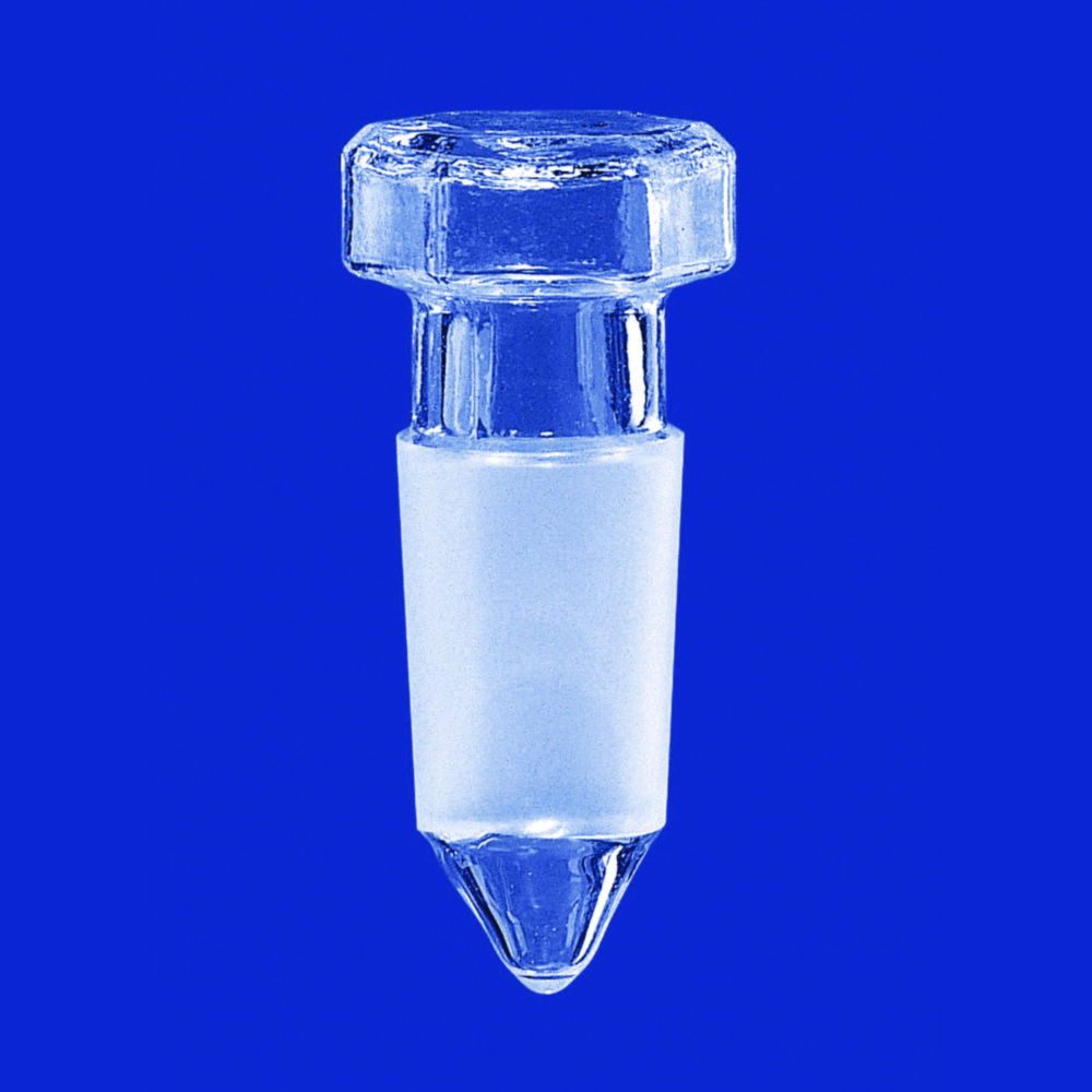 Hollow stoppers, hexagonal plate, pointed bottom, borosilicate glass 3.3 Hollow stoppers, hexagonal plate, pointed bottom, borosilicate glass 3.3