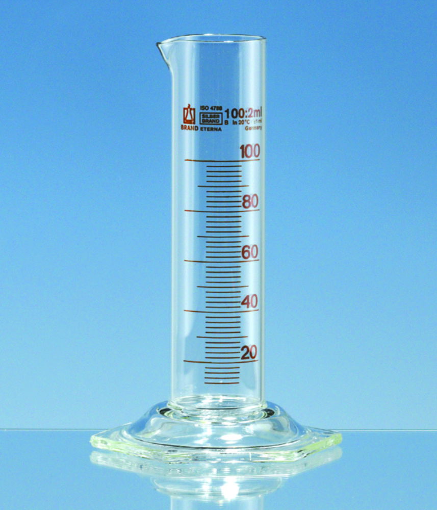Measuring cylinders, borosilicate glass 3.3, low form, class B, amber graduations Measuring cylinders, borosilicate glass 3.3, low form, class B, amber graduations