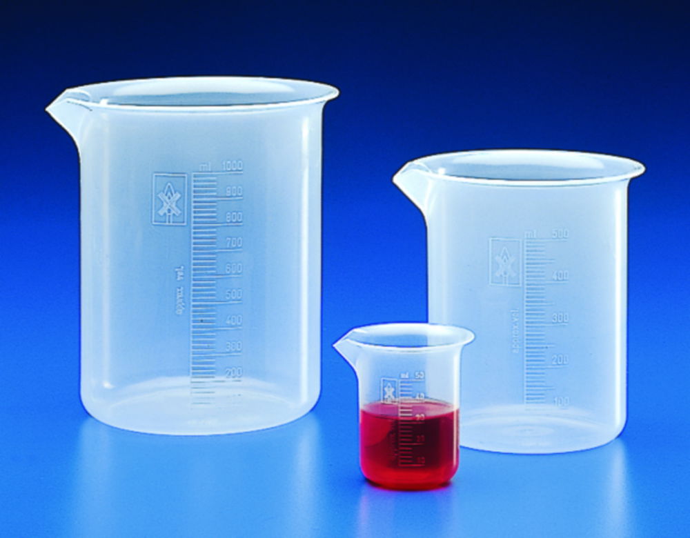 Beakers, PP, low form, embossed graduations Beakers, PP, low form, embossed graduations