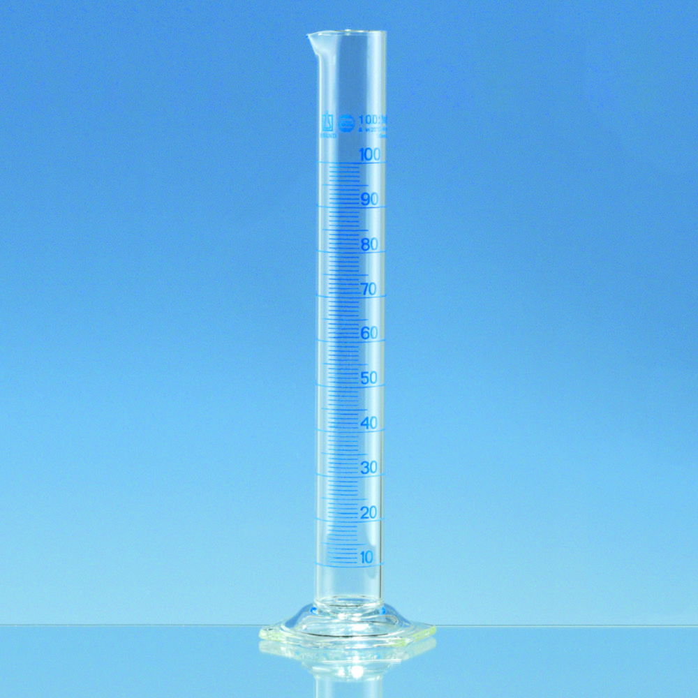 Measuring cylinders, boro 3.3, tall form, class A, blue graduations, with individual certificate Measuring cylinders, boro 3.3, tall form, class A, blue graduations, with individual certificate