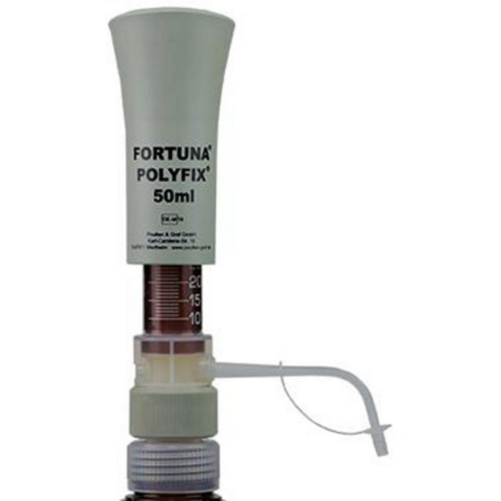 Dispensers, bottle-top, POLYFIX®, with amber dosing cylinder and glass piston Dispensers, bottle-top, POLYFIX®, with amber dosing cylinder and glass piston